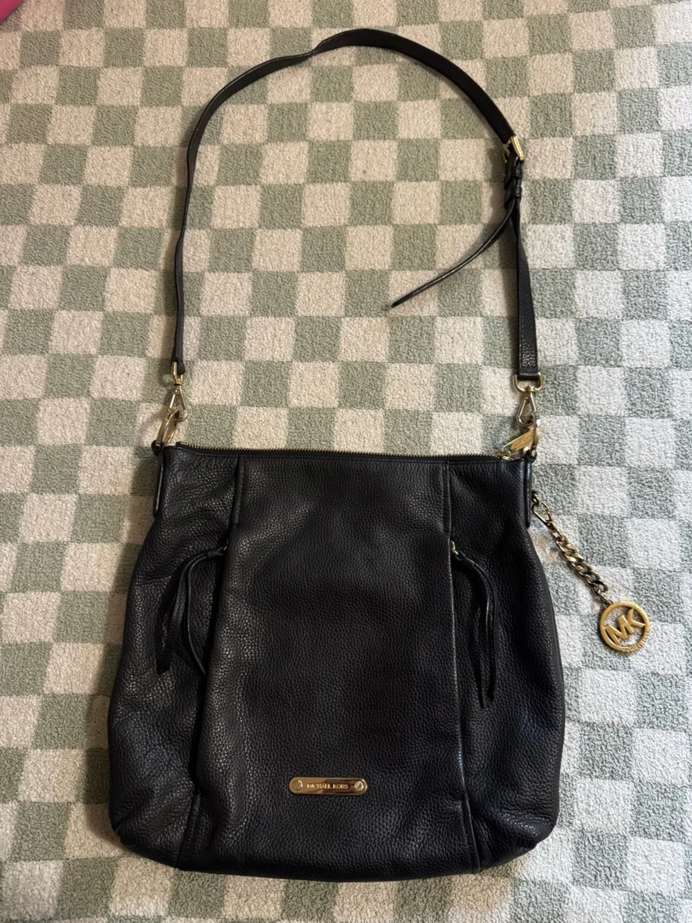 Michael Kors Black Pebbled Leather Shoulder Bag with Gold-Tone MK Charm